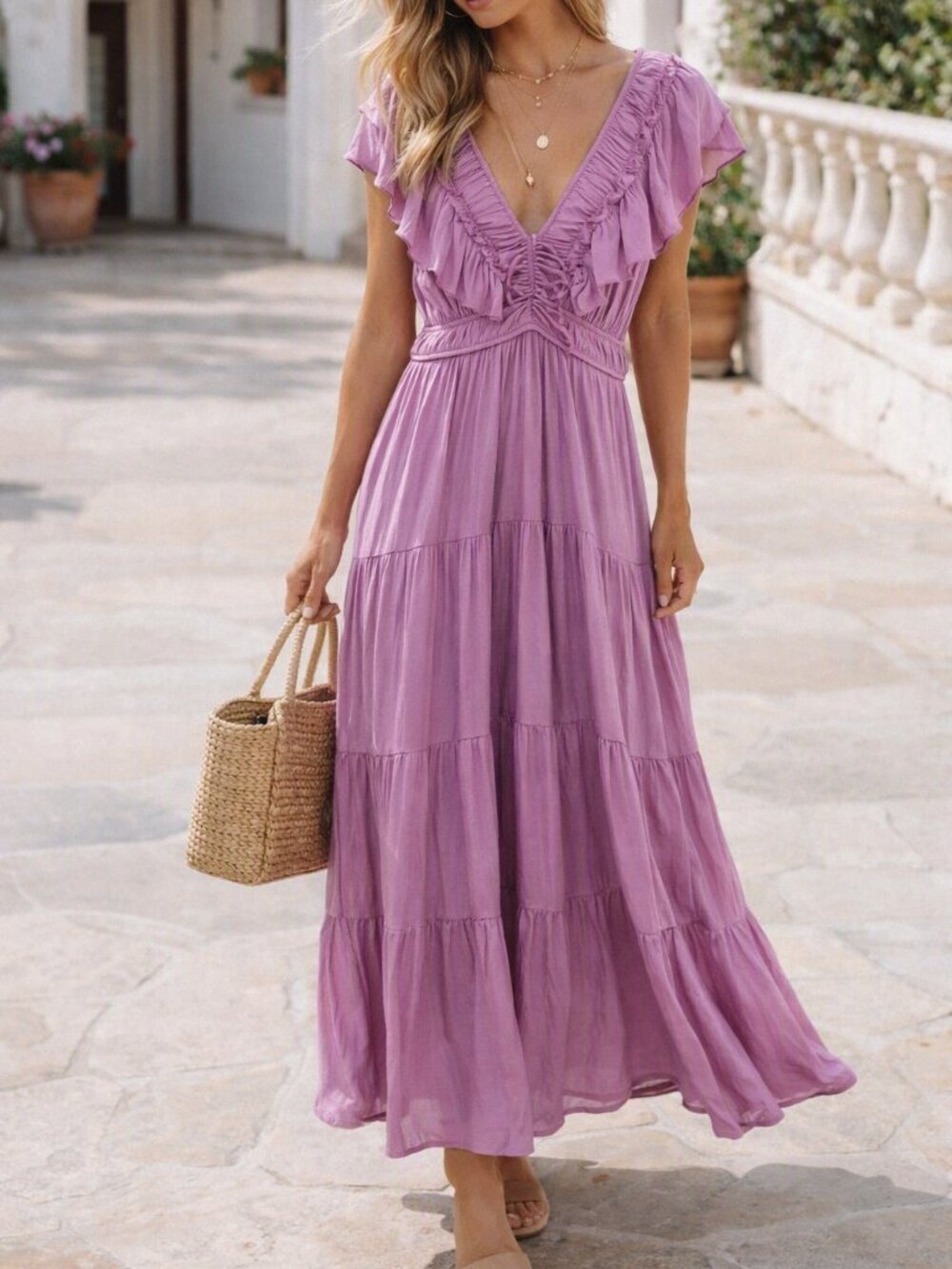 Joie Lavender Ruffle V-Neck Maxi Dress